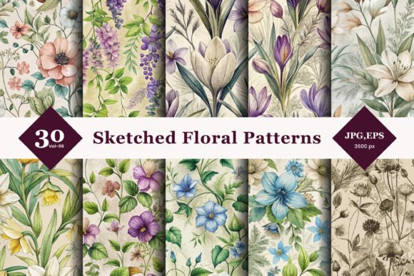 Hand Sketch Floral Seamless Patterns 06