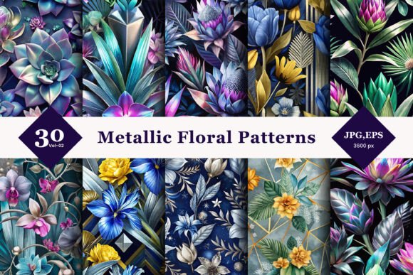 Metallic Floral Seamless Patterns 02