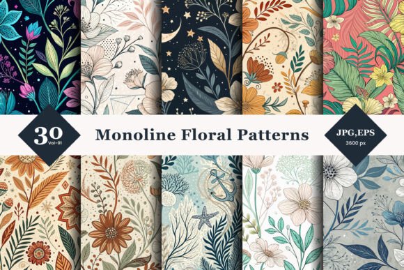Monoline Floral Seamless Patterns 01