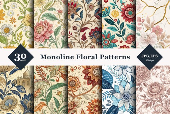 Monoline Floral Seamless Patterns 03