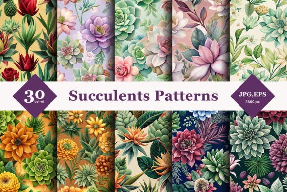 Succulents Floral Seamless Patterns 01