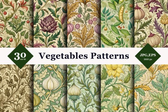 Vegetables with Leaf Vines Seamless Patterns 01