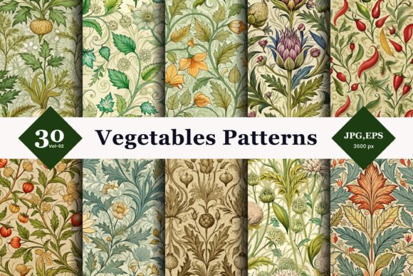 Vegetables with Leaf Vines Seamless Patterns 02