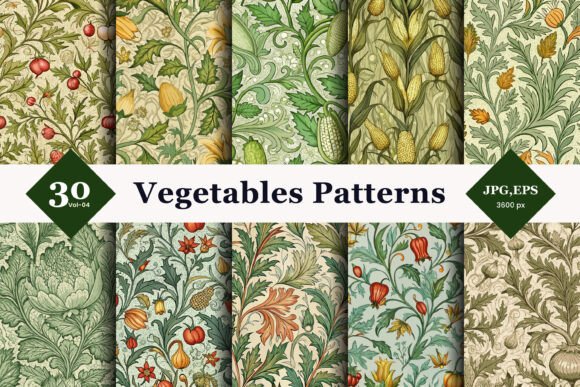 Vegetables with Leaf Vines Seamless Patterns 04